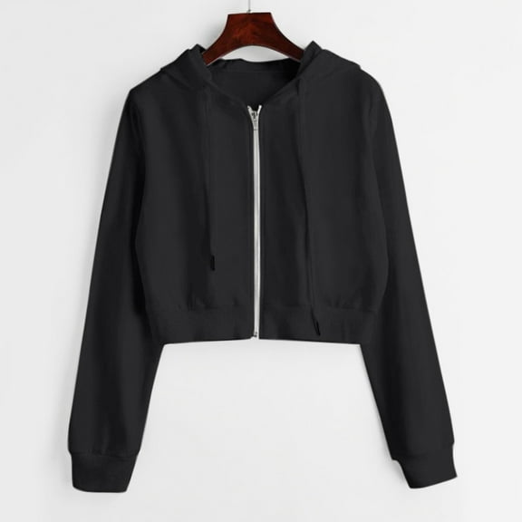 Aayomet Hoodie For Women Zip Up Cropped Hoodie Casual Long Sleeve Workout Crop Sweatshirt Tops Black,XL