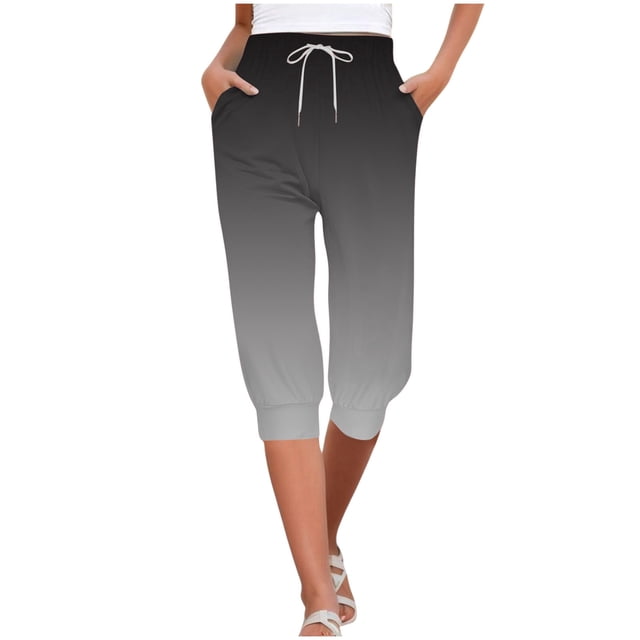 Pantalones capri casuales de mujer con estampado degradado y cintura alta - Algodón y poliéster, pantalones de chándal con cordón, tallas S-XXL, adecuados para la oficina, fiestas y vacaciones