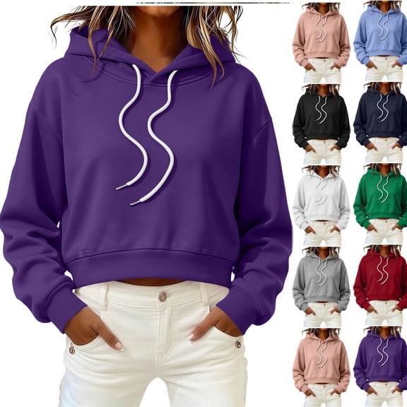 AKOEE Women's Crop Hoodies Y2K Casual Comfy Loose Plain Pullover Hooded Drawstring Sweatshirts Long Sleeve, Purple XL