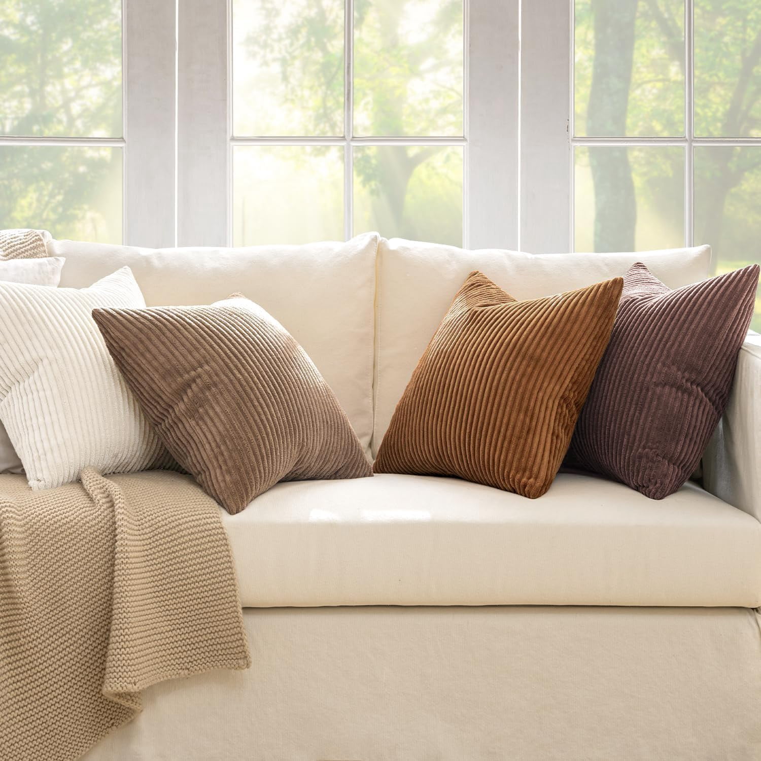 Boho Farmhouse Throw Pillow Covers 18x18 Inch Set Of 4 Rustic Mordern Neutral Cushion Soft Corduroy Nordic Home Decor For Couch Bed Sofa Living Room Brown