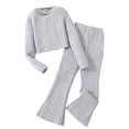 thumbnail image 3 of WOYY Little Girl's Outfit Sets Solid Color Ribbed Crew Neck Long Sleeved Top With Flared Pants Suit, 3 of 6