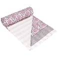 thumbnail image 2 of Indian Kantha Quilt Throw 100% Cotton Blanket Bedspread Hand Block Print Single Size Pink Flower Print, 2 of 4