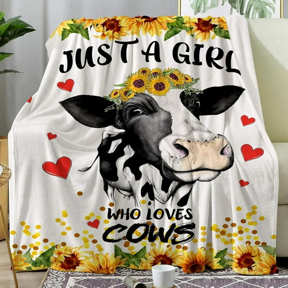Cow Blanket Sunflower Cow Soft Cozy Flannel Throw Blanket Just a Girl Who Loves Cow Blankets Gifts for Women Kids Adults Teen 50"X 40"