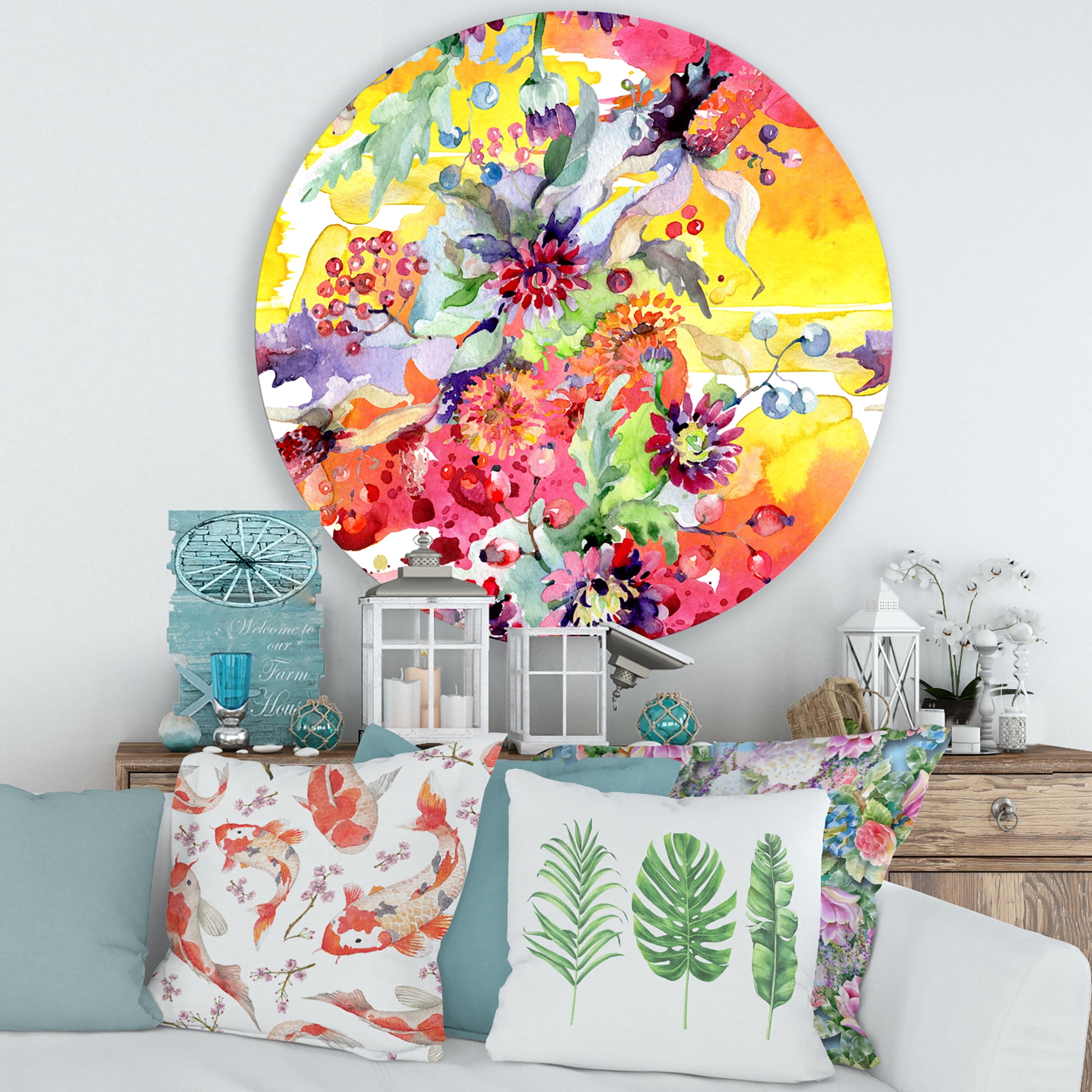 Designart 'Wildflowers and Vibrant Wild Spring Leaves' Modern Circle Metal Wall Art 29x29 - Disc of 29
