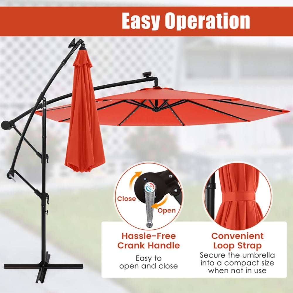Aimee Lii 10 Feet Solar Offset Hanging Umbrella with 40 Lamp Beads and Solar Panel, Sunbrella Patio Umbrellas, Orange