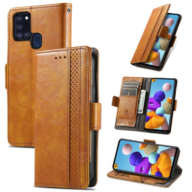 Case for Samsung Galaxy A21S Cover Leather Wallet Folio Case Book Design Flip Magnetic Closure - Yellow