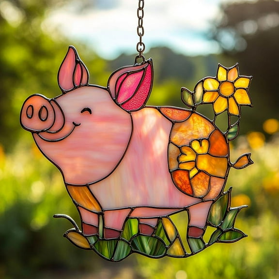 Pig Acrylic Suncatcher, Cute Farm Animal Faux Stained Glass Window Hanging, Floral Country Decor Gift