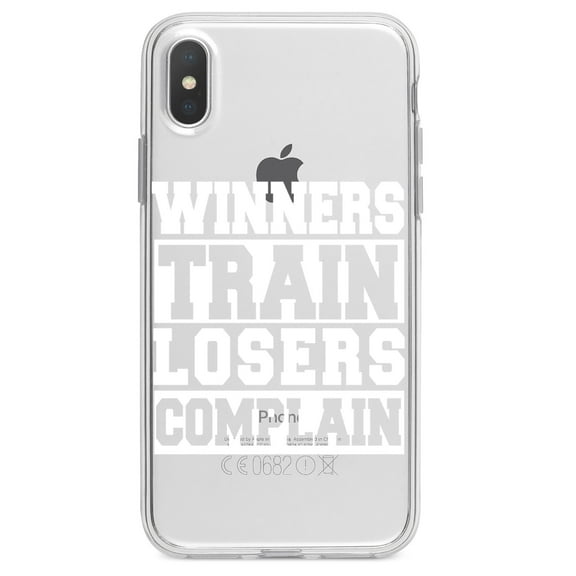 DistinctInk Clear Shockproof Hybrid Case for iPhone X / XS (5.8" Screen) - TPU Bumper Acrylic Back Tempered Glass Screen Protector - Winners Train Losers Complain