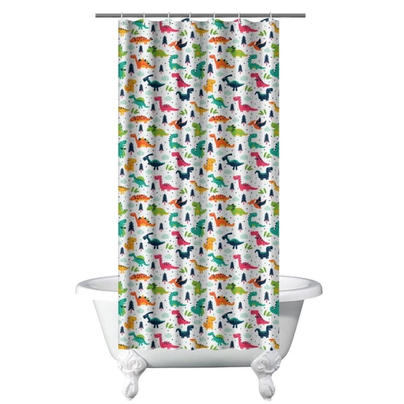 Waterproof Dinosaur Shower Curtain 36x72 - Vibrant Hand-Drawn Dino Skeleton & Baby Dinosaur Pattern
