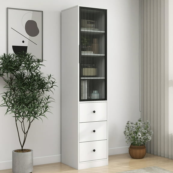 Noble House 70.87" Elegant Storage Cabinet, Black-Framed Glass Doors and Drawers, Modern Tall Organizer, White