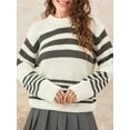 thumbnail image 5 of Arvbitana Women Teen Girls Fall Loose Sweaters Stripe Print Knit Pullover Crew-Neck Long Sleeve Sweatshirt Spring Basic Knitwear Tops Streetwear, 5 of 9