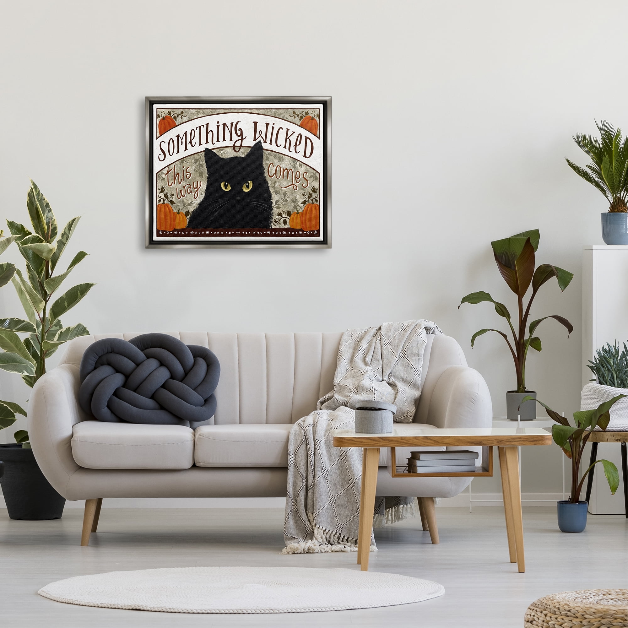Stupell Industries Something Wicked Black Cat Holiday Painting Gray Floater Framed Canvas Art Print Wall Art, 31 x 25