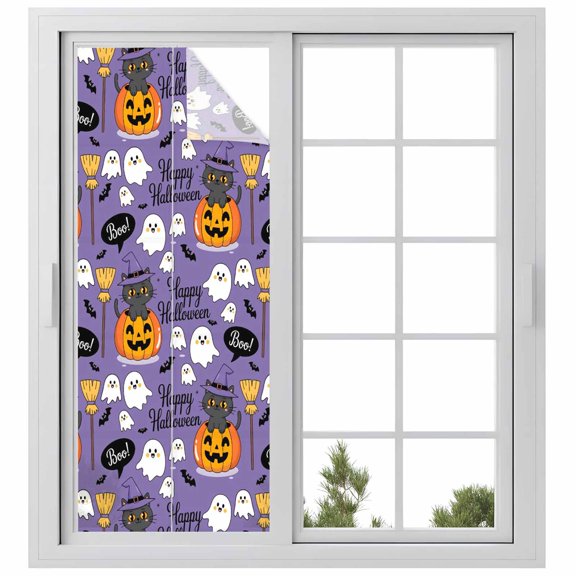 Reusable Frosted Window Coverings, Halloween Window Privacy Film Frosted, Orange Pumpkin Funny Ghost Black Cat Purple Sun Blocking Windows Stickers for Kitchen Front Door, 23.6 x 59 Inches