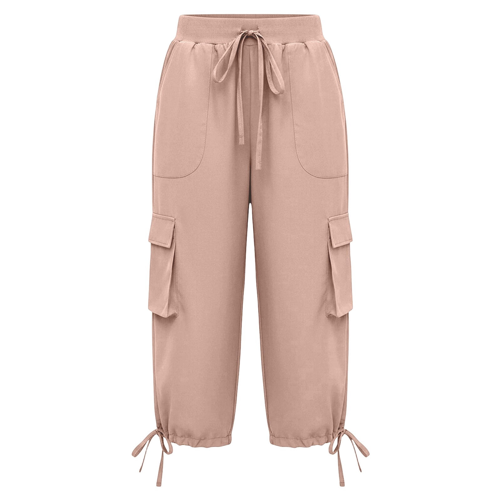 Gtoiithly Women's Solid Cargo Jogger Pants - Loose Fit Casual Elastic Trousers with Drawstring Waist & Side Cargo Pockets Pink M
