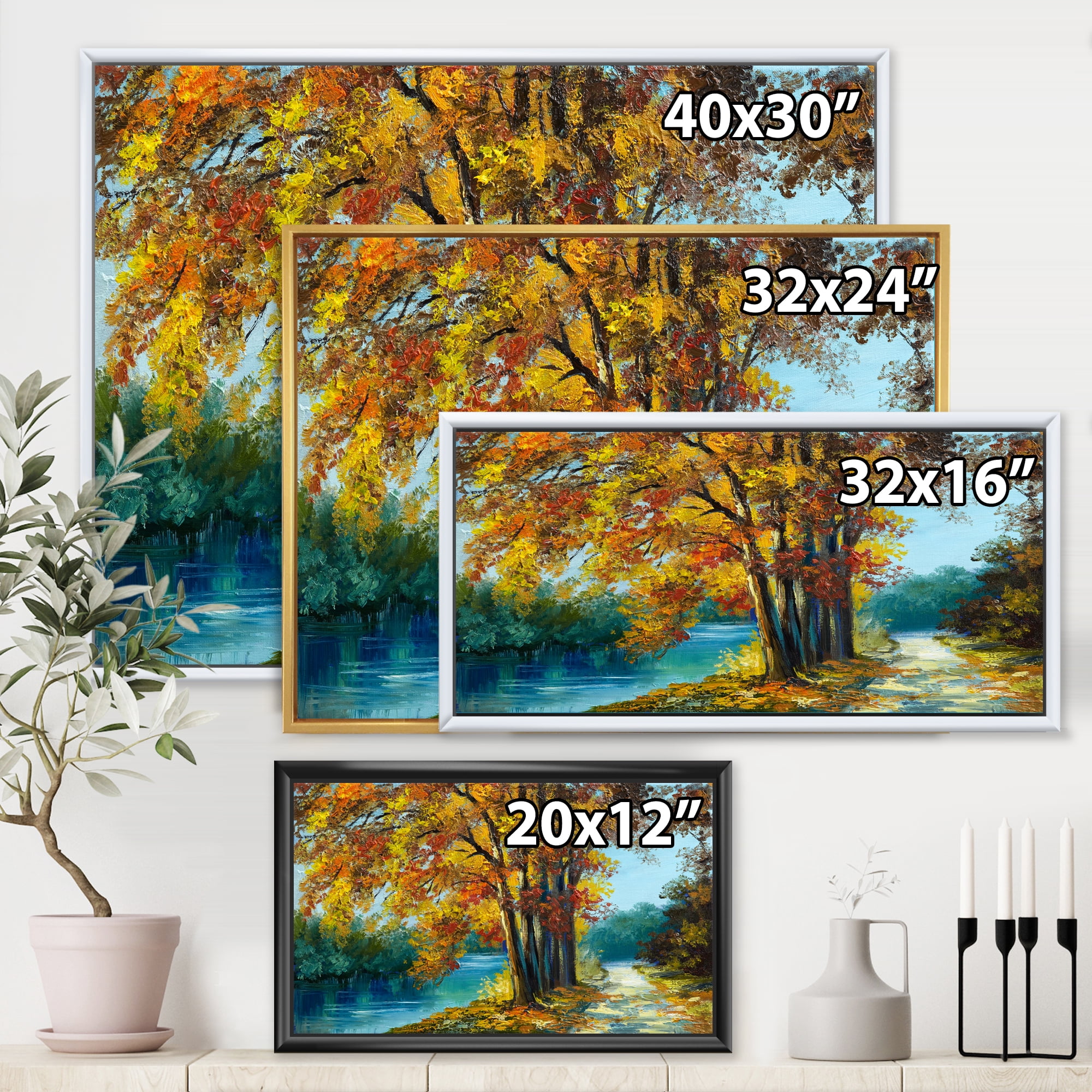 Designart 'Abstract Trees In Warm Autumn Colors By Bright Blue River' Traditional Framed Canvas Wall Art Print