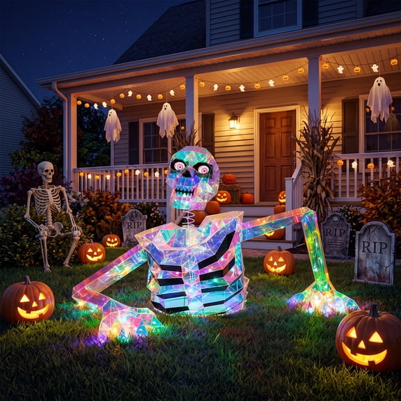 47-Inch Wide Prismatic Iridescent Halloween LED Yard Decoration with 120 Lights, Spring-Mounted Bobble Head, Moving Eye Effect and Ground Stakes