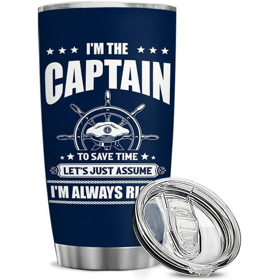 Captain Tumbler "I'm The Captain & I'm Always Right" 20oz Boater Gifts for Men, Boat Lover Gift, Adds Humor and Pride for Boating Enthusiasts