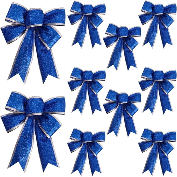 10 Pcs Christmas Glittering Ribbon Bow, Christmas Wreaths Bows with Gold/Silver Wired Edge Ribbon, Xmas Decorations Bows Christmas Tree Ornaments for Christmas Craft (Blue, 7.87" x 9.84")