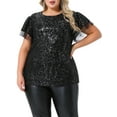 thumbnail image 1 of Blusa de fiesta brillante con lentejuelas y volantes de encaje para mujeres de tallas grandes GRACE & GRANDEUR, manga corta, 2X, negra, 1 of 1
