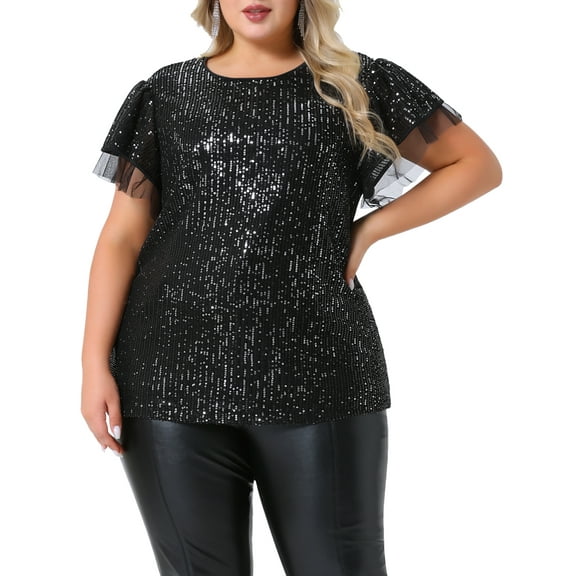 Agnes Orinda Women's Plus Size Sequin Tops Lace Ruffle Short Sleeve Glitter Club Blouse Sparkle Party Shirt 1X Black