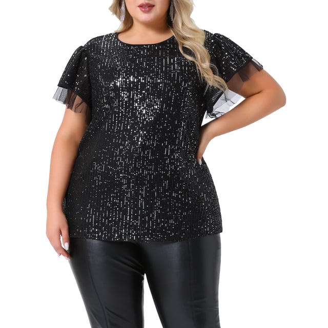 Blusa de fiesta brillante con lentejuelas y volantes de encaje para mujeres de tallas grandes GRACE & GRANDEUR, manga corta, 2X, negra