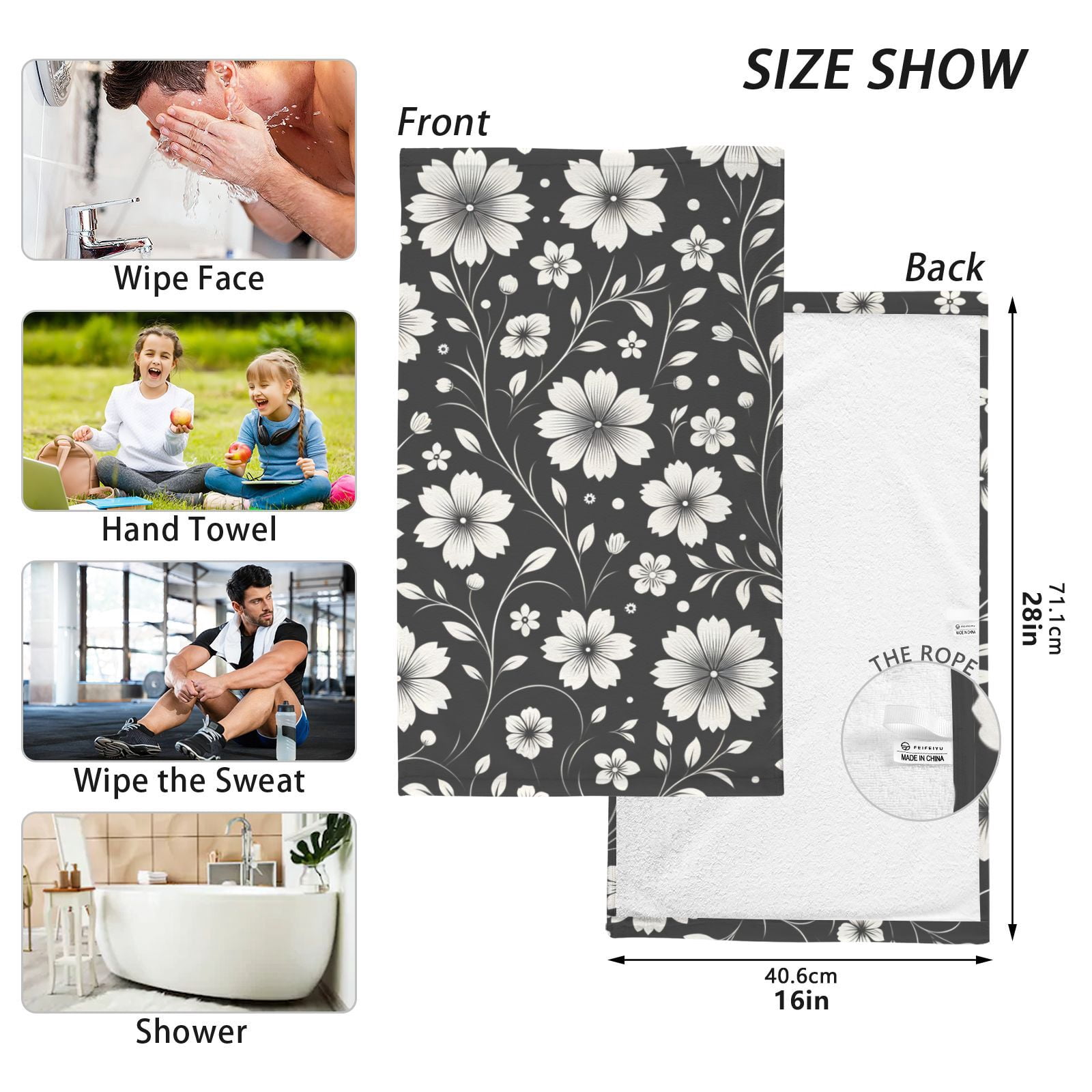 Retro White and Black Flowers Hand Towels Cotton Bath Towels Large Face Towels Absorbent for Bathroom 2 Packs