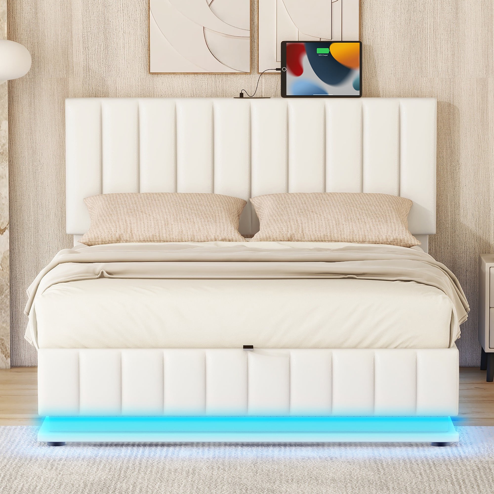 Euroco Full Size Lift up Storage Bed Frame, Modern Upholstered Platform Bed with Wingback Headboard, Hydraulic Underneath Storage with LED Light for Kids Teens, Beige