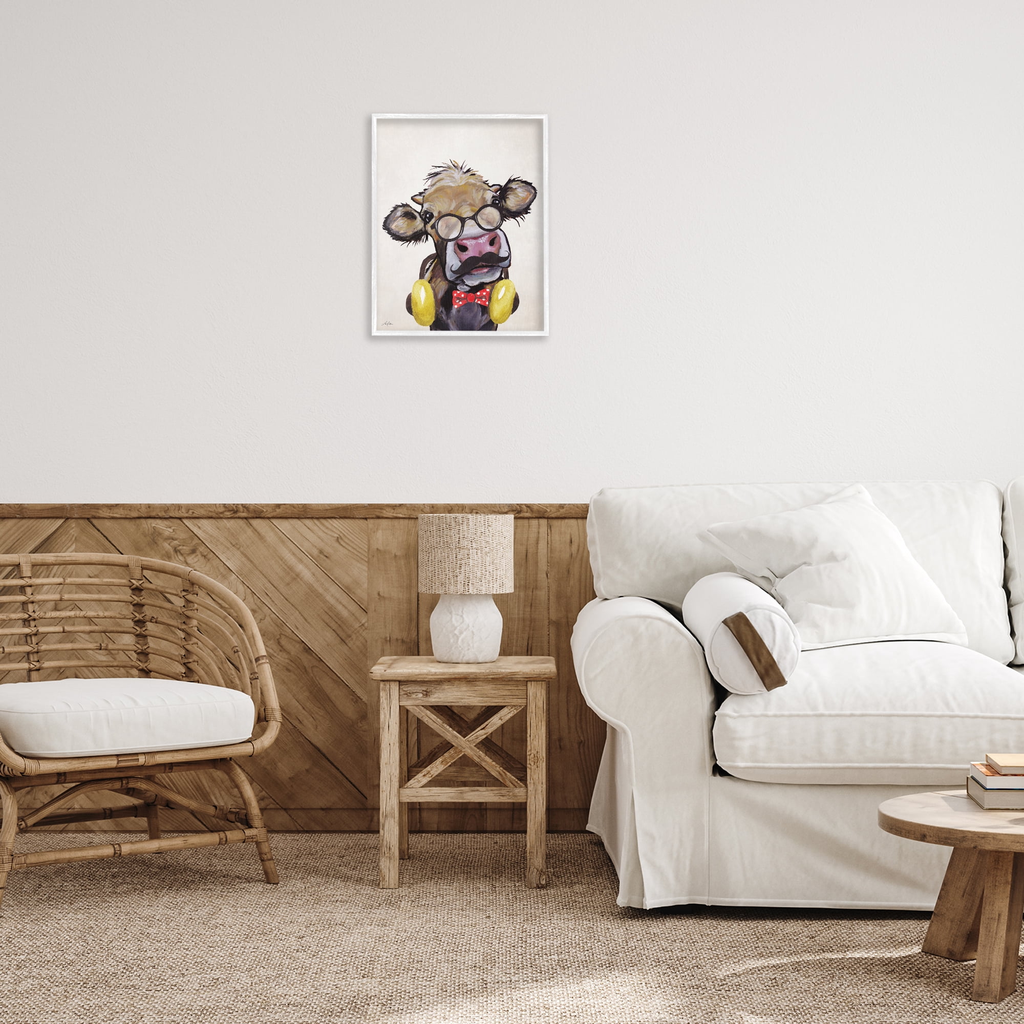 Stupell Industries Hipster Cow & Headphones Animals & Insects Painting White Framed Art Print Wall Art, 16 x 20