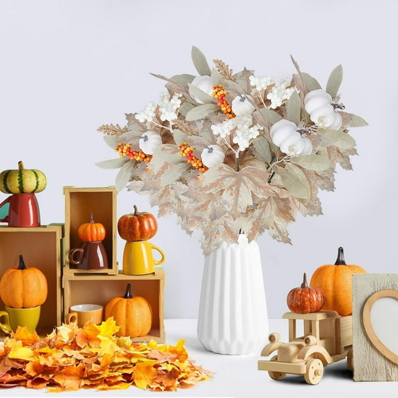 LWVITH Fall Decors, 3PC White Pumpkin Maple Leaf Fake Flowers, Artificial Flowers Autumn Decor, Fall Decorations for Home, Flores Artificiales Para Decoracion, Thanksgiving Halloween Decorations