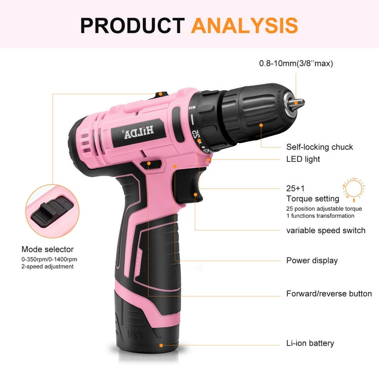 Sanmadrola 12V Pink Cordless Drill Driver Set 3/8'' Chuck Lithium-Ion  Electric Drill Drivers for DIY Power Drill Kits with Tool Bag and Box,  Variable Speed, Keyless Chuck, 20 Drill Bits 