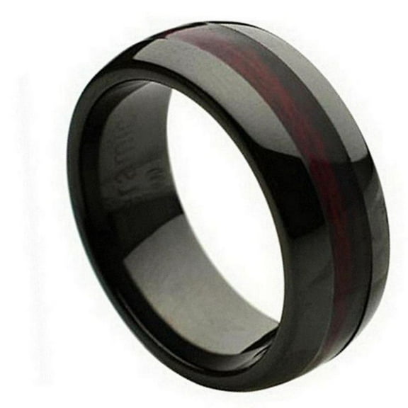 Custom Personalized Engraving Wedding Band Ring Set for Him & Her 8mm Burgundy Simulated Wood Inlay
