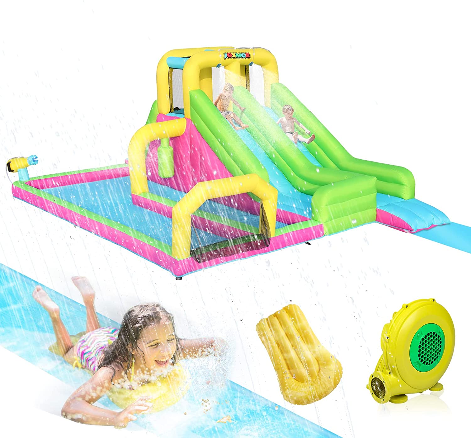 JOYMOR Inflatable Water Slide Park with 20FT Slip and Slides for Kids Backyard, Scoccer Net