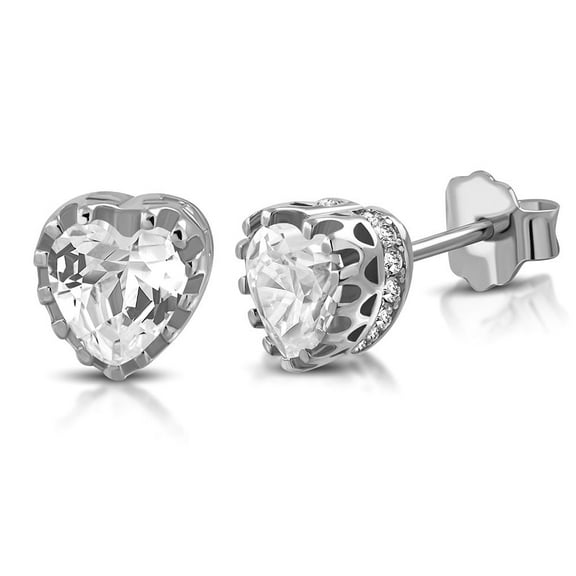 925 Sterling Silver Love Heart Clear White CZ Stud Earrings, 0.25"