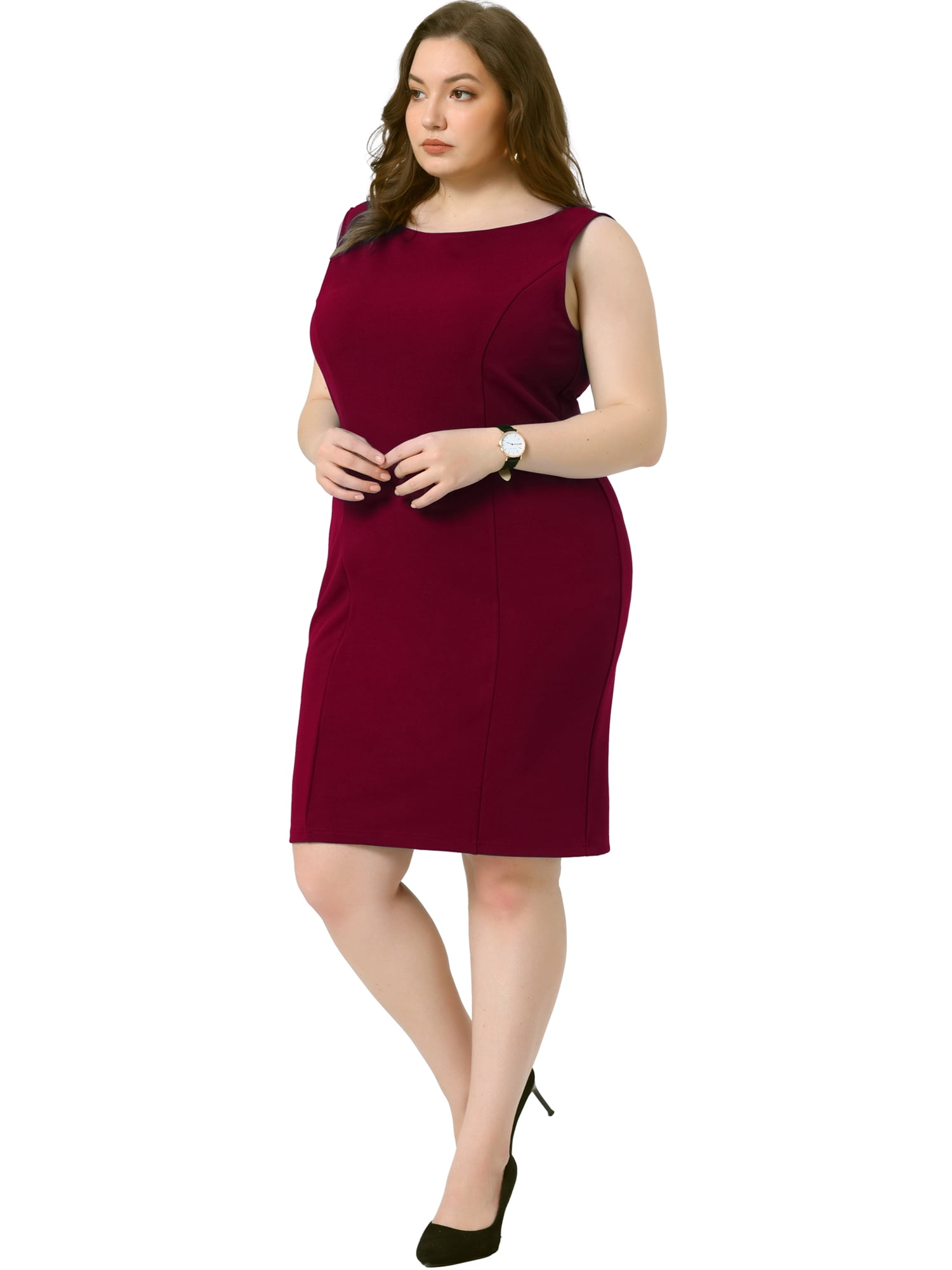 DARING DIVA Women's Plus Size Sleeveless Straight Pencil Sheath Dresses 1X Burgundy