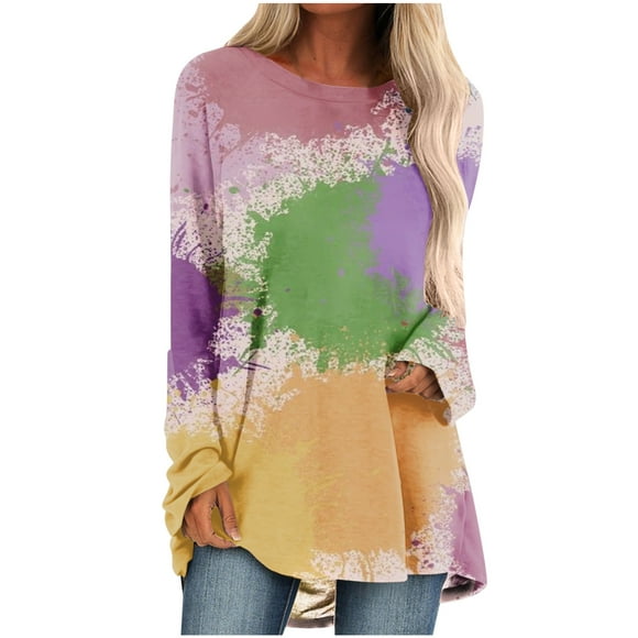 Long Sleeve Tops for Women Crewneck Tie Dye Floral Casual Loose T Shirt Blouse Tunic Tops to Wear with Leggings