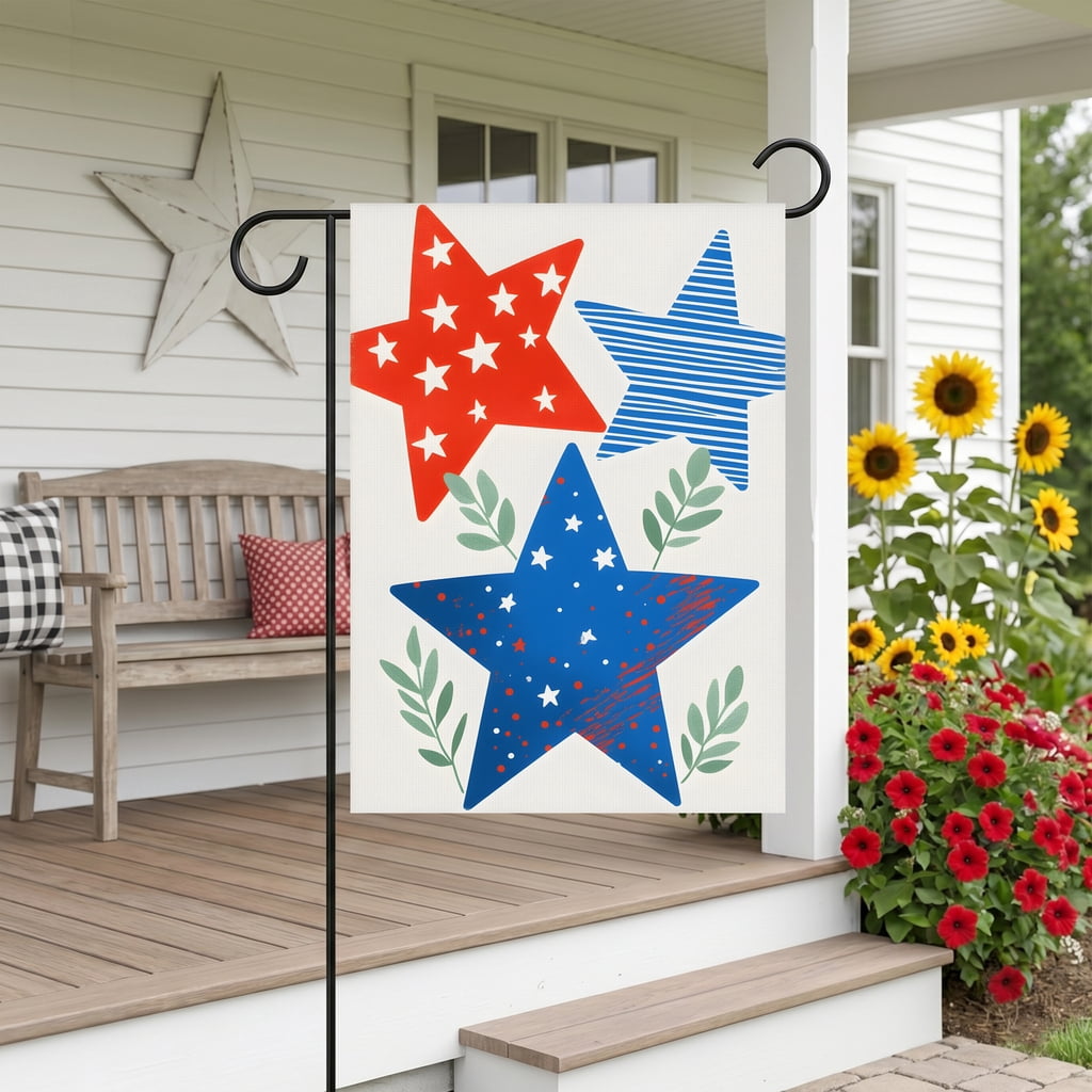 americana garden flag Three red white and blue stars with green leaves. * july 4th decorations 28x40" Large Yard Flag red white and blue decorations for home