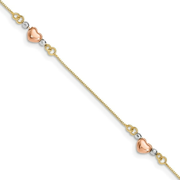 14k Tri-Color Bracelet Fancy Women's mm 7.25 in Puffed Heart