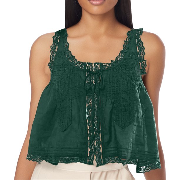 Camiseta sin mangas ajustada con parche de encaje liso para mujer