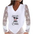 thumbnail image 1 of Mujeres Casual Vaca Impreso Cuello en V Encaje Empalme Manga larga Jersey Blusa Camiseta Tops Fridja  hkj4255, 1 of 8