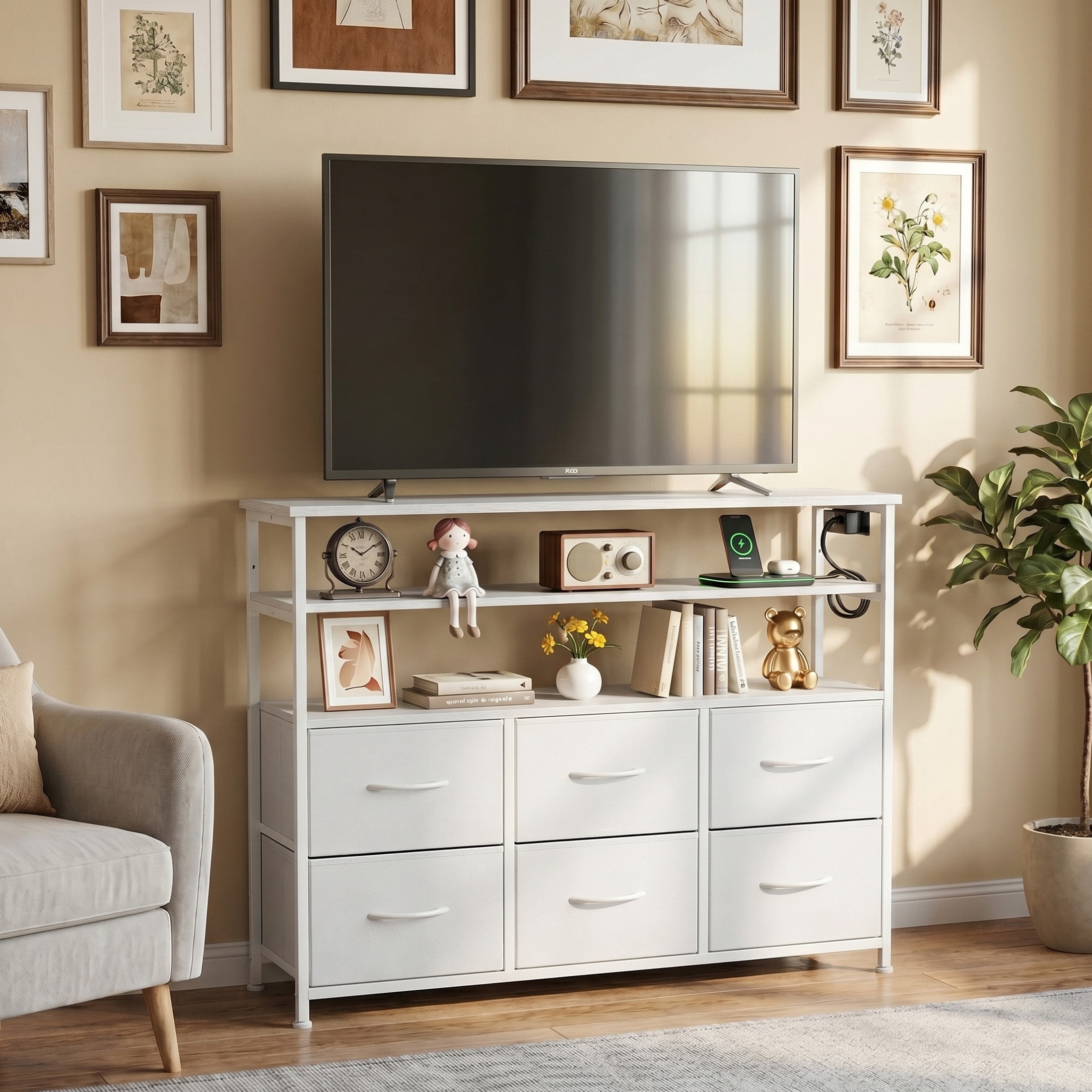 CONCETTA TV Stand for 45 Inch TV, 6-Drawer Dresser with 3-Tier Open Shelves, LED Lights, Charging Station, Wood Top Entertainment Center for Bedroom, Living Room, Hallway, White