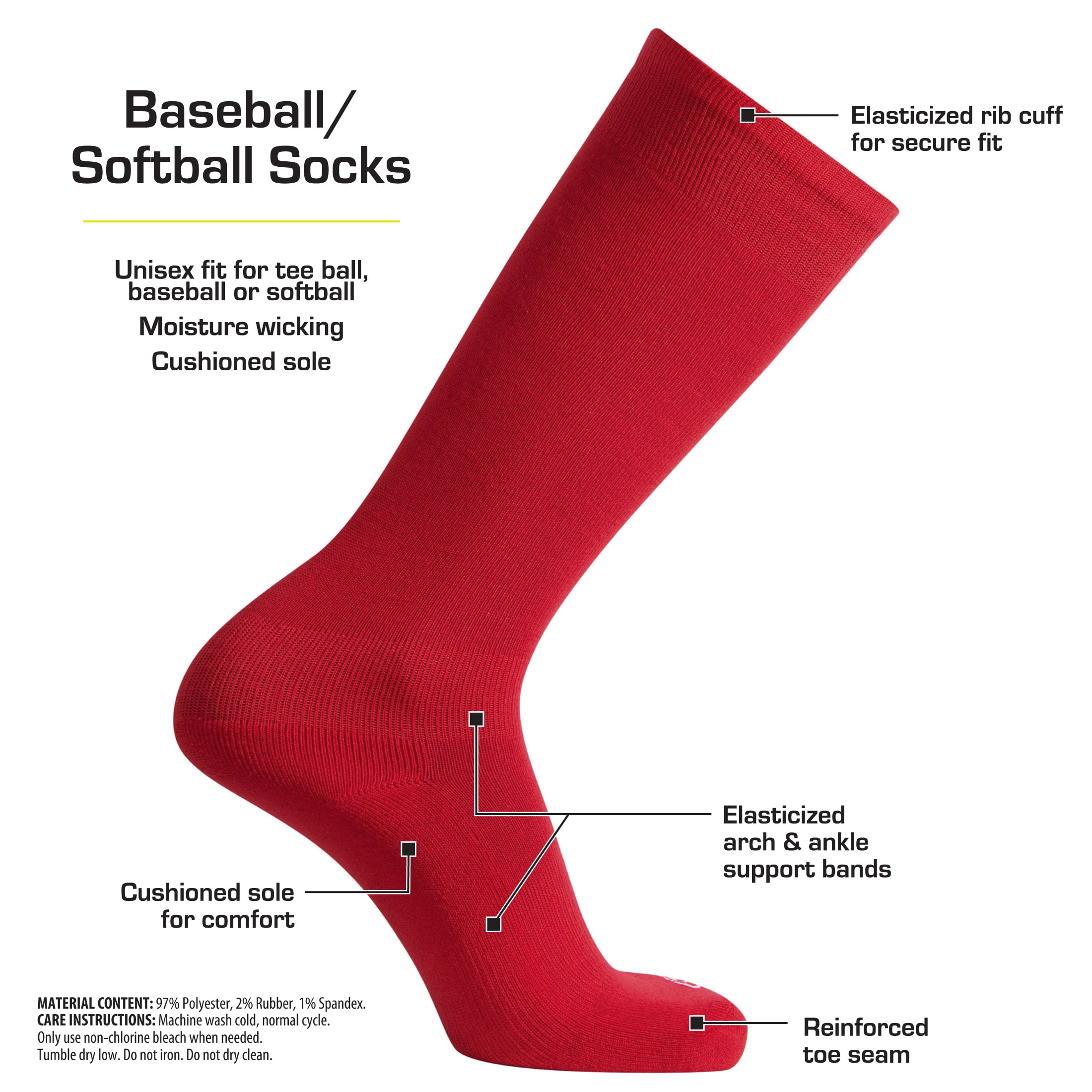 (6 pack) Athletic Works Unisex Baseball/Softball Socks, 2-Pair Pack, Red