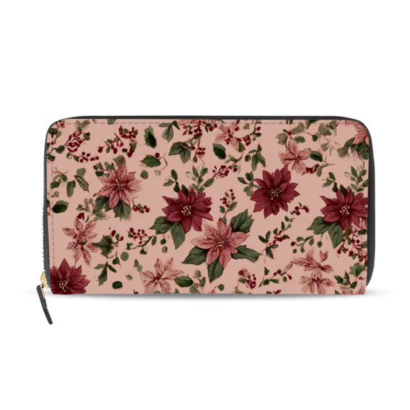 Christmas Flowers with Berries Women's Long Zipper Wallet Bifold Clutch Purse PU Leather Card Cases