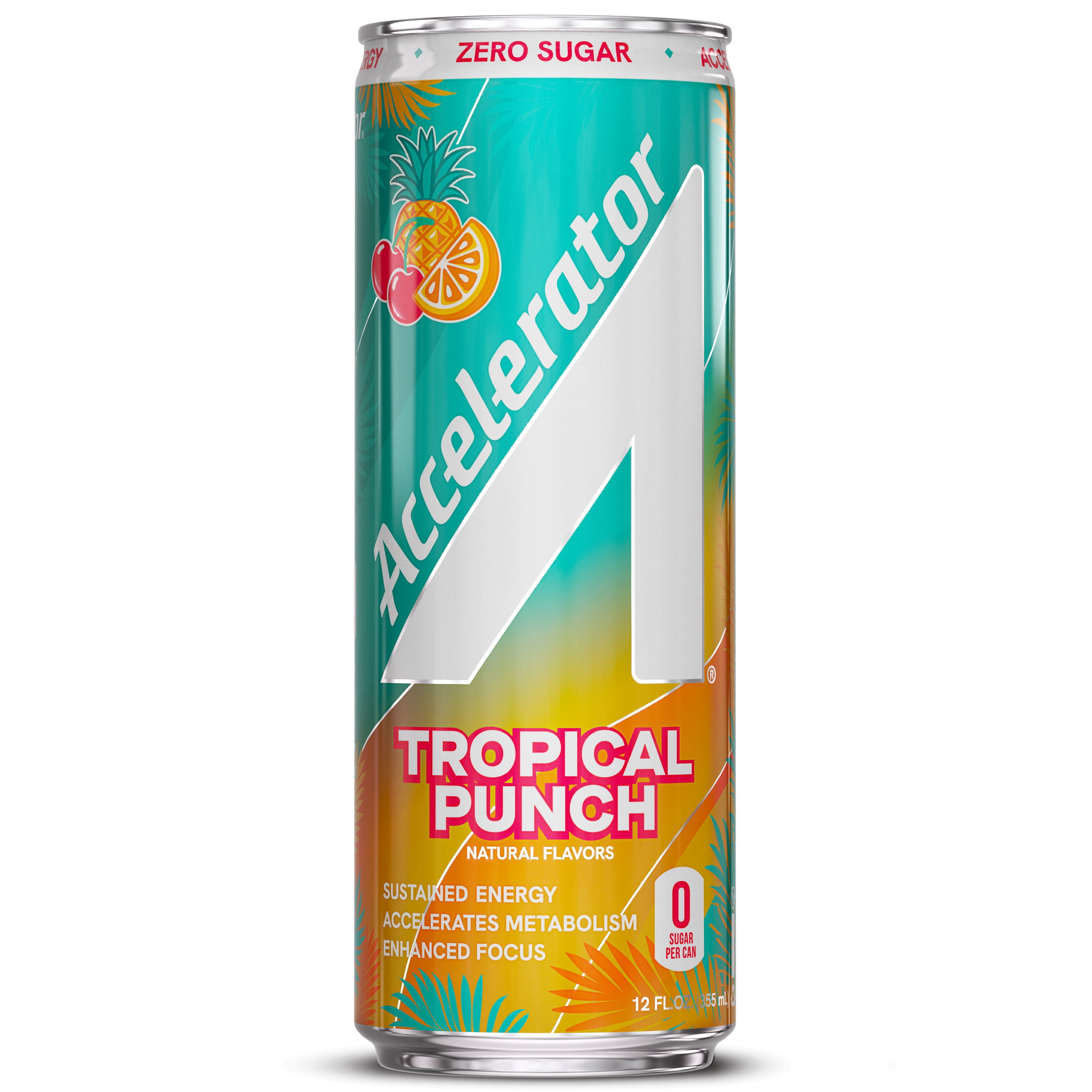 Accelerator Energy Drink, Tropical Punch, 12 fl oz can (12 pack), Zero Sugar, Sustained Energy from 100% Natural Caffeine (200mg from Green Coffee Bean & Green Tea extract)