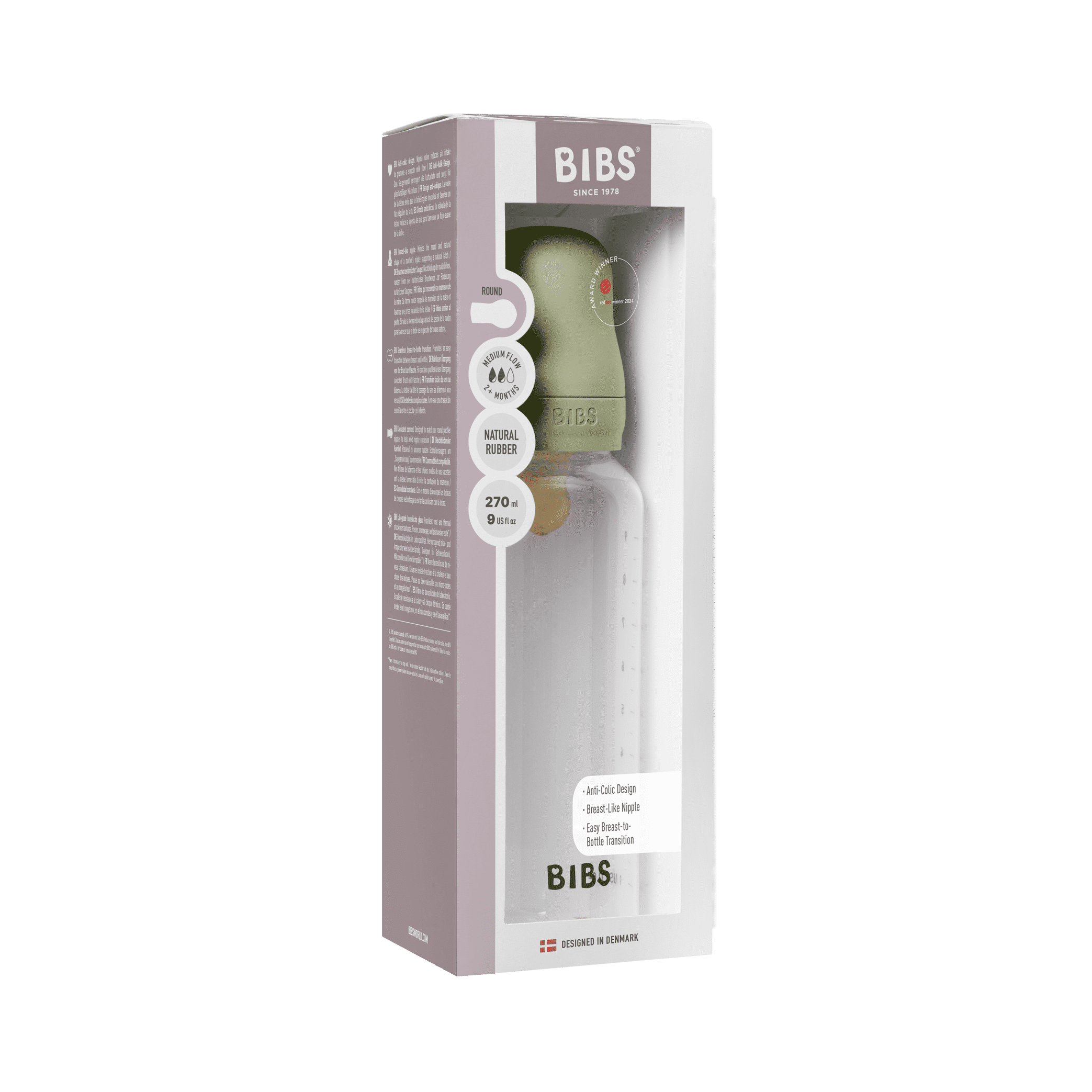 BIBS Baby Bottle with Medium Flow Natural Rubber Latex Nipple, Sage, 9 oz, 1 Each