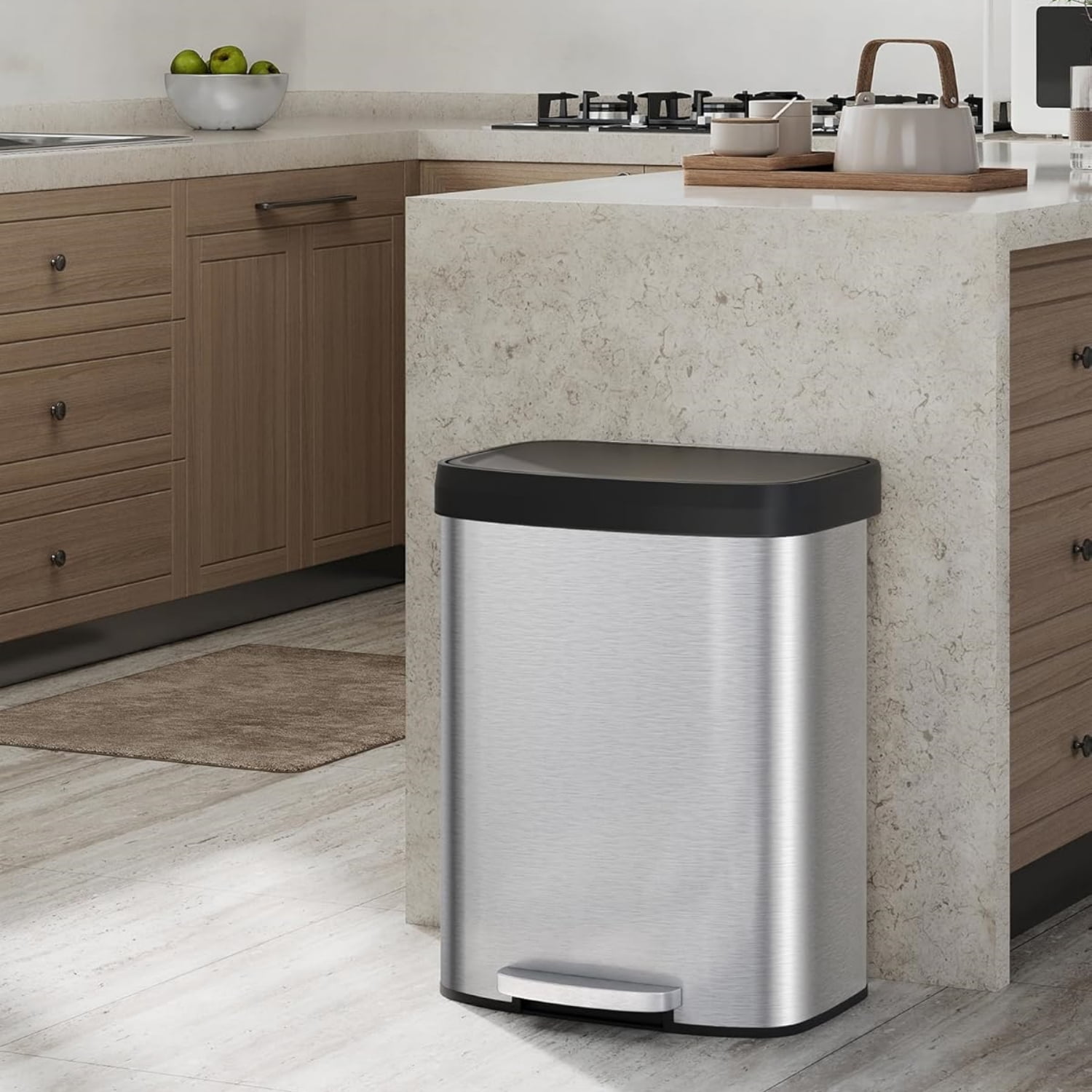 Garvee 15.85 Gallon Kitchen Garbage Can with Liner Rim & Soft Close Plastic Lid, Silver