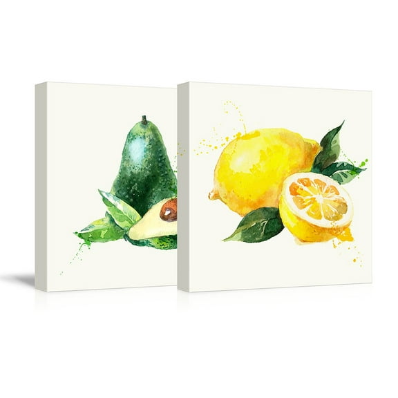 wall26 - 2 Panel Square Canvas Wall Art - Avocado and Lemon Watercolor | Fruits Watercolor Art and Illustrations - Giclee Print Gallery Wrap Modern Home Art Ready to Hang - 12"x12" x 2 Pane