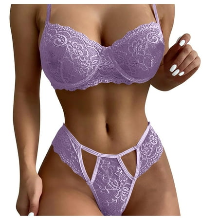 

TQWQT Sexy Lingeries for Women Lace Deep V Hollow Out Floral Lace Mesh Bow Scallop Trim Underwire Lingerie Set