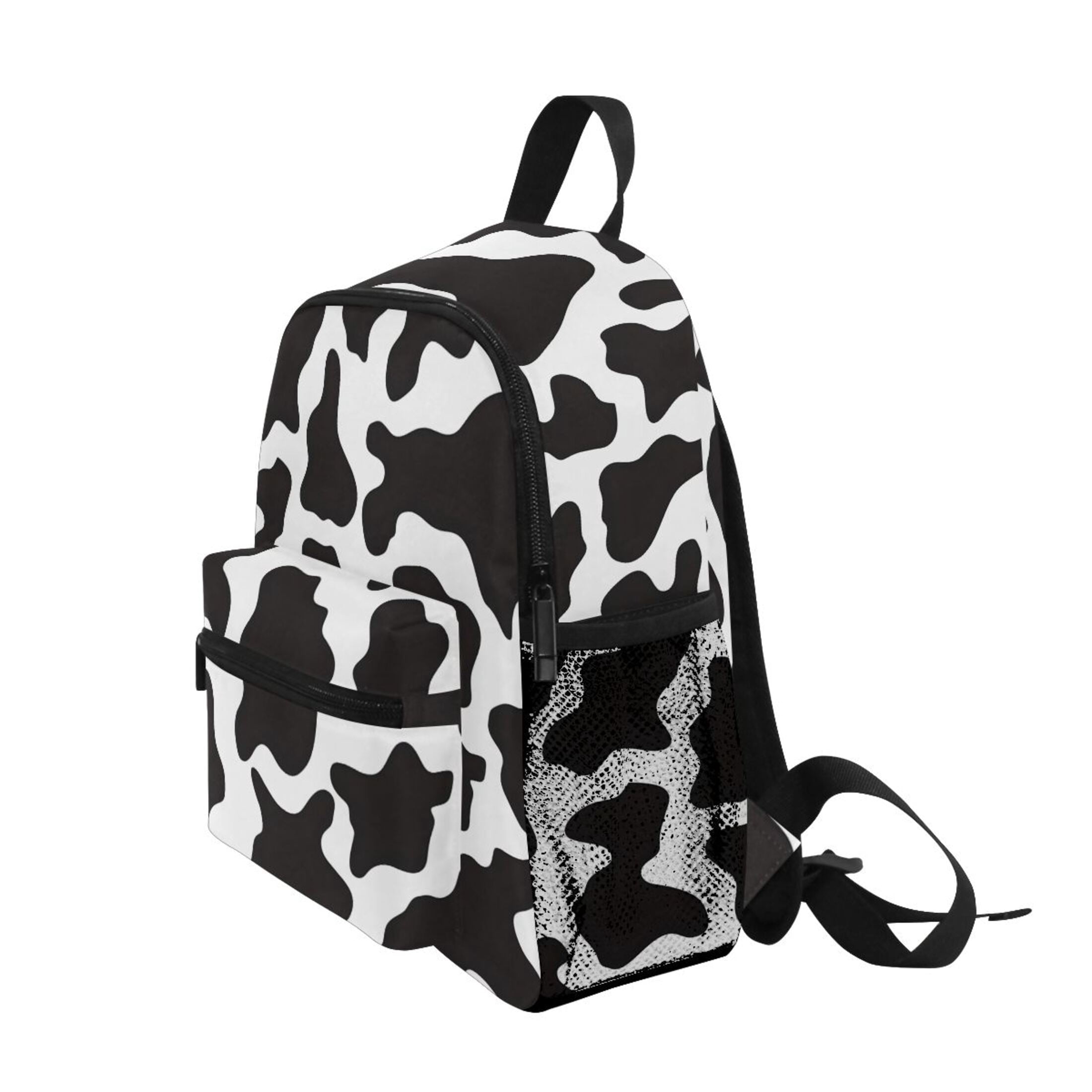 Black White Cow Print Pattern Mini Backpack Cute Small Backpack with Chest Strap and Whistle Ages 3-8