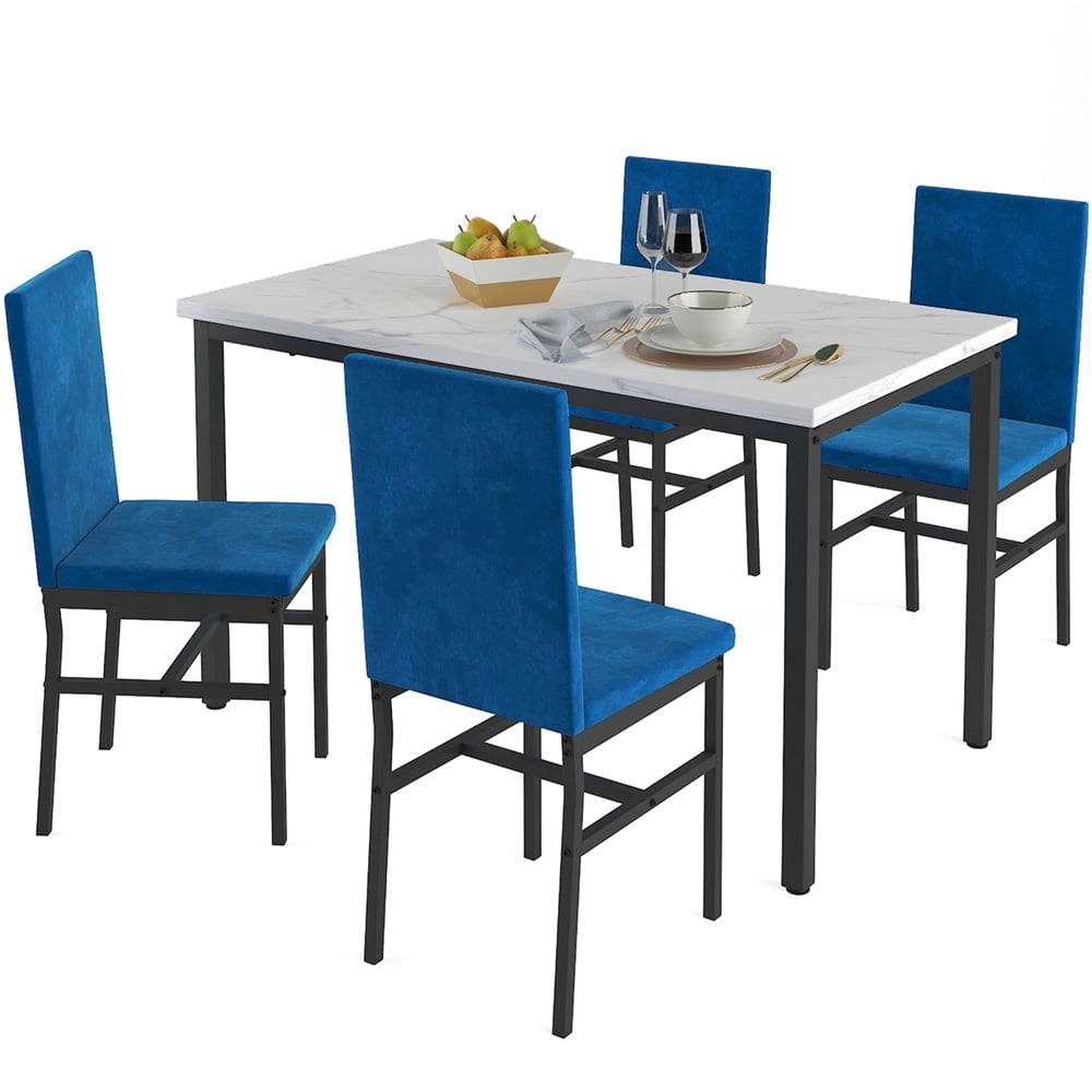 5 Piece Dining Table Set, Kitchen Table Sets with Blue Velvet Upholstered Chairs for 4, Marble
