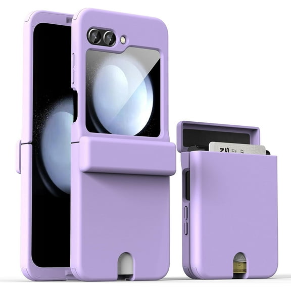 Compatible Samsung Galaxy Z Flip 5 Case with Hinge Protection & Screen Protector,Heavy Duty Full Coverage Cover Case for Galaxy Z Flip 5 Case Wallet,Galaxy Z Flip 5 Case with Card Holder Purple